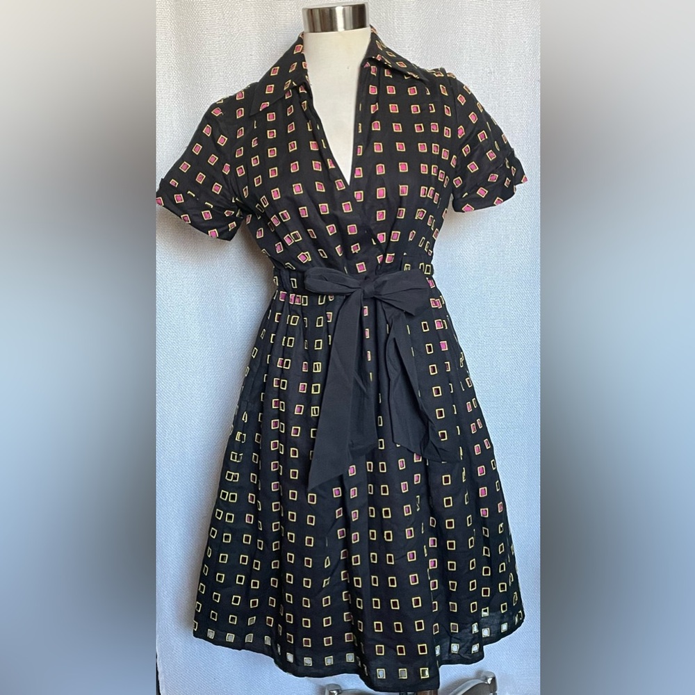Diane Von Furstenberg Black Midi Wrap Dress with Pink and Yellow Square Print